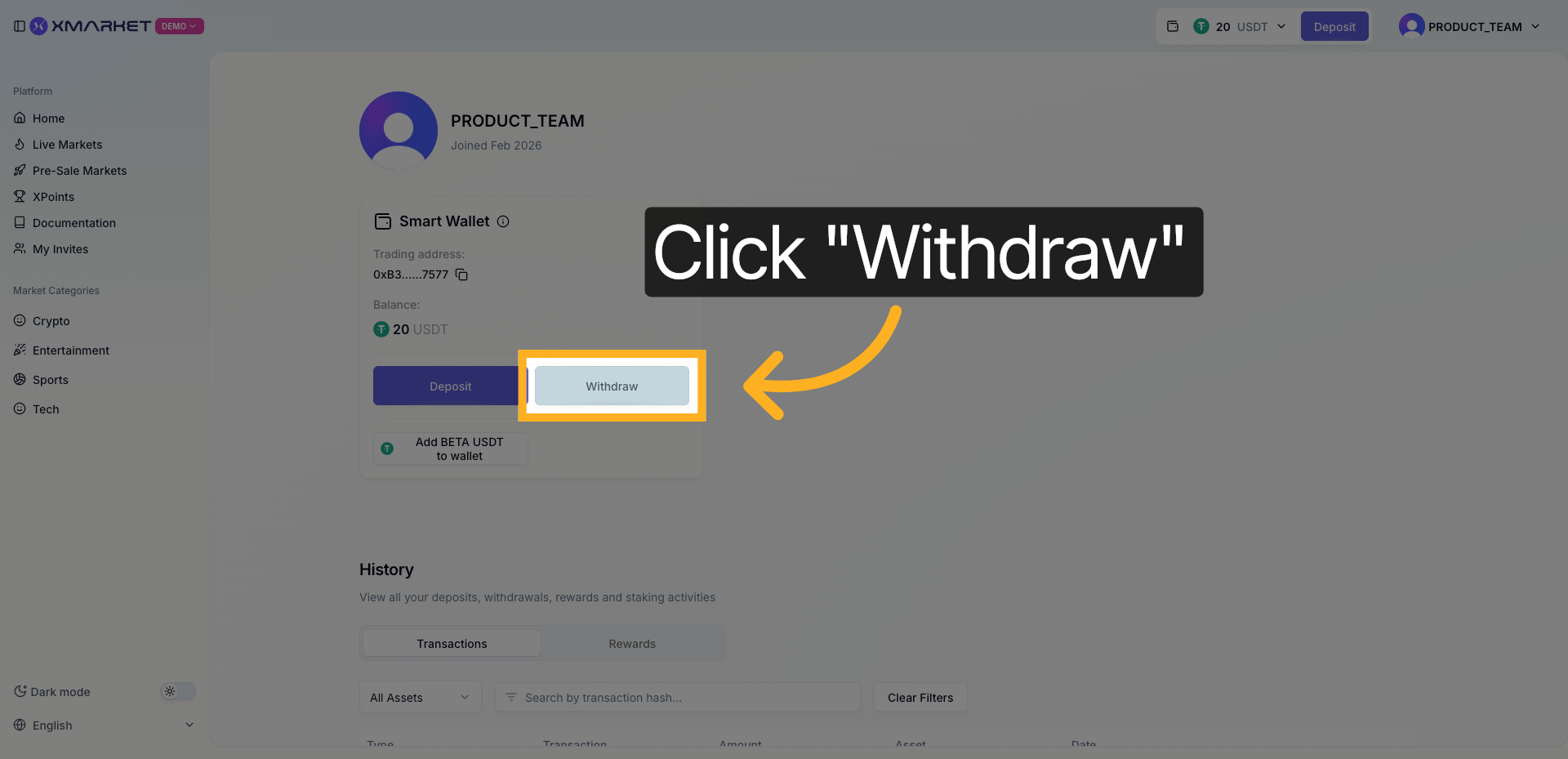 Withdraw button on the Account page